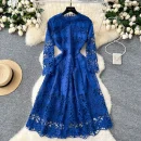 LE4770 High-End Women'S Dress 2025 Autumn Fashion Heavy Industry Hollow Hook Lace Waist Slimming Big French Skirt