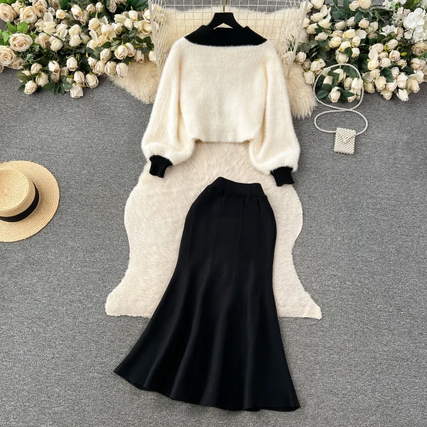 LE1819 High Quality Ladies' Party Knitting Two-Piece Demure Women'S Suit Color Knitting Cardigan + Fishtail Skirt Two-Piece Set - Image 2
