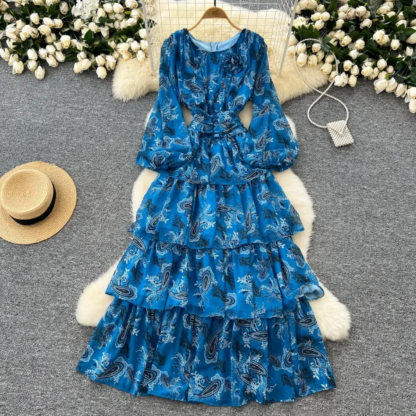 LE4771 Light Wind Women'S Dress Autumn Advanced Sense Flower Fold Waist Lantern Sleeve Floral Chiffon Skirt Long Dress - Image 3