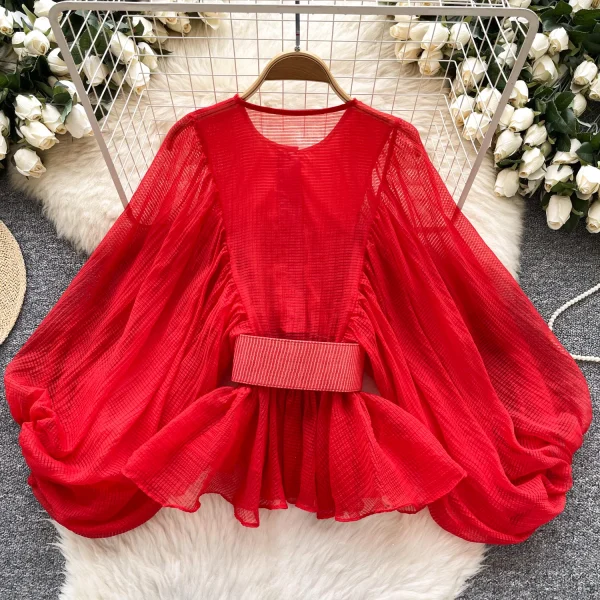 LW0824 Blouse Women Design Sense Round Neck Lantern Sleeve Cardigan Shirt Fashion Shirt Blouses Elegant Women - Image 5