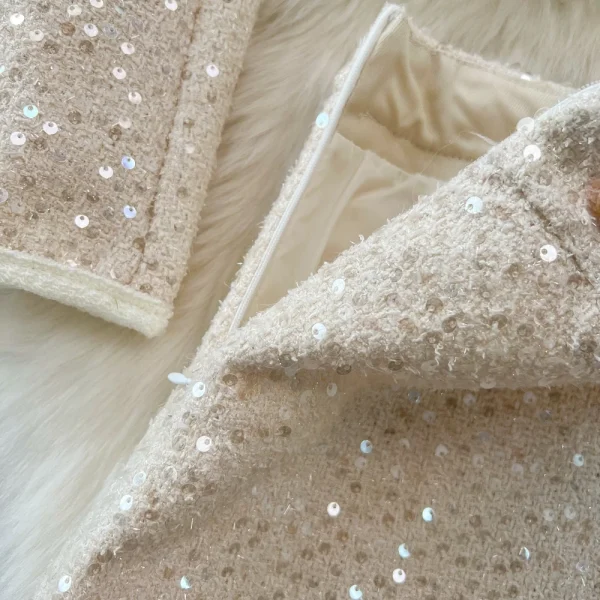 Heavy Handmade Sequins Womens Elegant Slim Tweed Two Piece Sets Vintage Coats+Wrap-Around Skirt Korean Woolen Chaquetas Chic Set - Image 5
