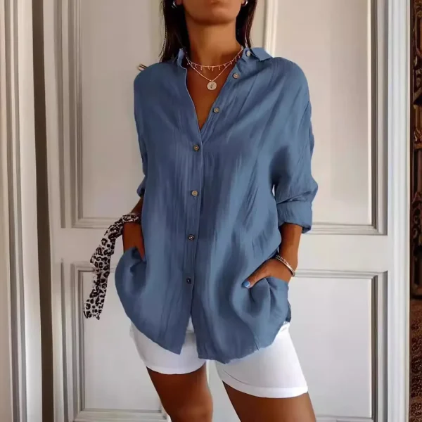 New Single-breasted Pleated Lapel Shirt Ladies Solid Colour Blouse - Image 5