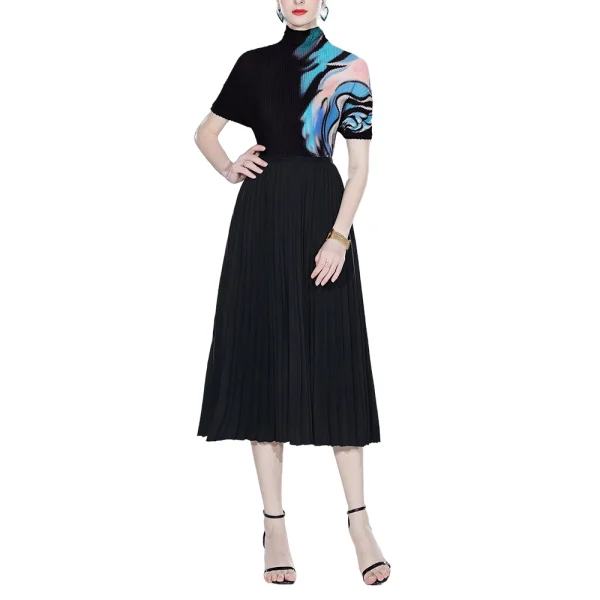 LE1256 Print Miyake  Pleated Short-sleeved T-shirt Loose Elastic Long Skirt 2 Piece Set High Quality Fabric Women's Sets