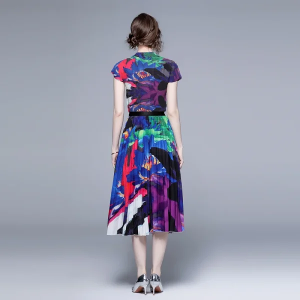 LE1246 in Stock Boutique Womens 2 Piece Sets High Quality Fabric Short-Sleeved Top Miyake Pleated Printed Long Pleated Skirt - Image 4