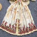 LE2630 Women Boutique Robe Lantern Short Sleeve Socialite Party Maxi Elegant Lady Dresses Hemp Belt Long Printed Dresses Autumn