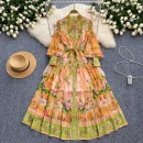 LE2632 Autumn New Retro Chiffon Printed Dresses Lady Lantern Long Sleeve Evening Robe Elegant Party Maxi Dresses Woman 2025