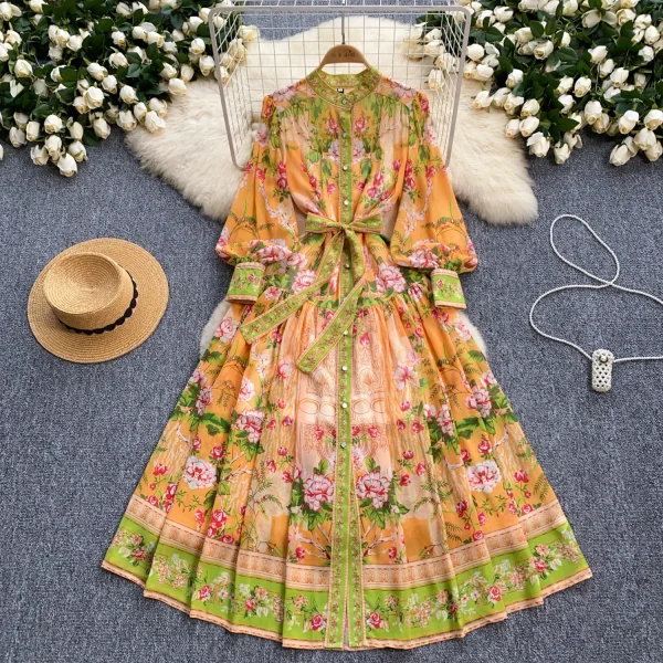 LE2632 Autumn New Retro Chiffon Printed Dresses Lady Lantern Long Sleeve Evening Robe Elegant Party Maxi Dresses Woman 2025