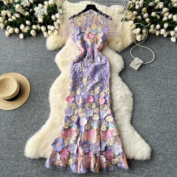 LE2621 Vintage Three-Dimensional Flower Decoration Maxi Lace Dresses Elegant Women'S Boutique Embroidery Long Fishtail Dress - Image 3