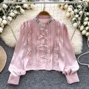 LW0823 Light Style Sequin Stand Collar Long Sleeve Satin Shirt Slimming Top For Women Blouses Elegant Women Ladies