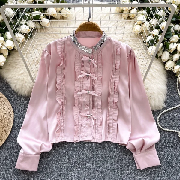 LW0823 Light Style Sequin Stand Collar Long Sleeve Satin Shirt Slimming Top For Women Blouses Elegant Women Ladies - Image 3