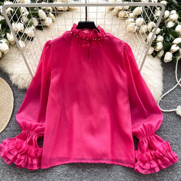 LW0829 Light Luxury Senior Sense Trumpet Sleeve Shirt Women'S Wooden Ear Edge Gauze Diamond Design Blouses 2025 - Image 6