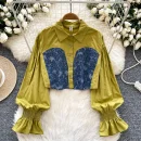 LW0753 Spring Dress Shirt Women 2025 New Design Sense Long Sleeve Splicing Color Short Denim Shirt Style Blouses Elegant Women