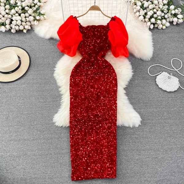 LE2659 Socialite Maxi Evening Dresses for Woman 2025 Autumn Bubble Short Sleeve Sequin Hip Wrap Dresses Elegant Party Long Dress - Image 2