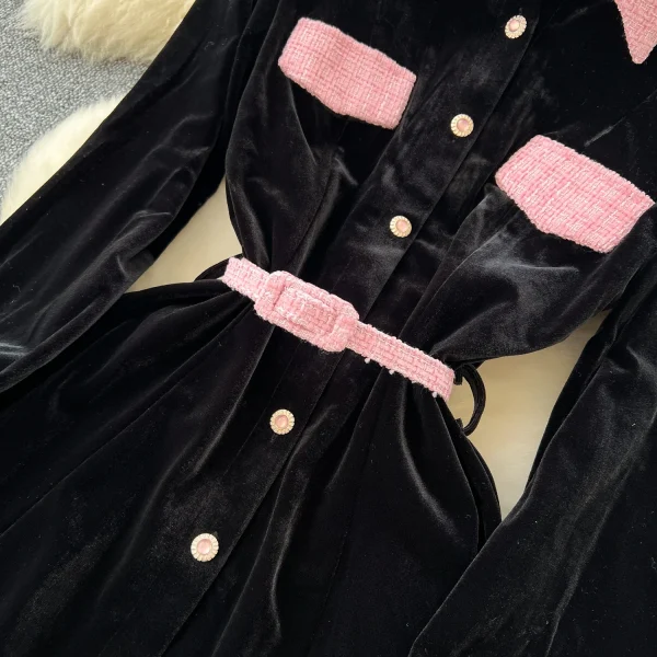 LE2764  Black Hepburn Dress for Women 2025 Fall Vintage Color Contrast Lapel Waist Waist Canary Over-The-Knee Dress - Image 5