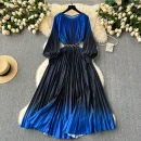 LE2585 Vintage Gradient Printed Dresses 2025 Autumn Lantern Long Sleeve Pleated Dress Women Boutique Belted Midi Party Dresses