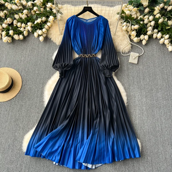 LE2585 Vintage Gradient Printed Dresses 2025 Autumn Lantern Long Sleeve Pleated Dress Women Boutique Belted Midi Party Dresses - Image 6