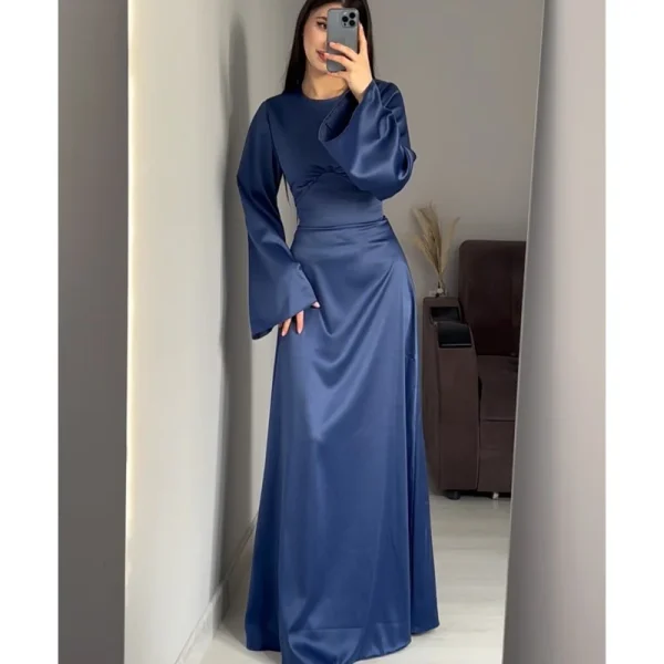 LE2589 Solid Color Satins Maxi Ladies Dress Autumn Lotus Long Sleeves Lace-Up Socialite Party Evening Gown Ladies Evening Dress