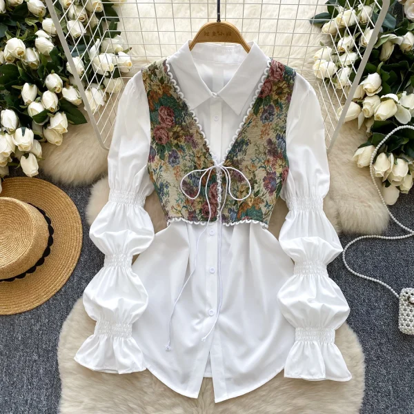 LW0749 Women'S Drawstring Waistline Jacquard Waistcoat With Puff Sleeves Stylish Shirt Blouses Elegant Women Ladies