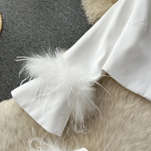 LE1818 Hepburn Style Ladies' Suit Set 2025 Autumn Feather Design Suit Jacket + Skirt Socialite Office Date Two-Piece Set - Image 5