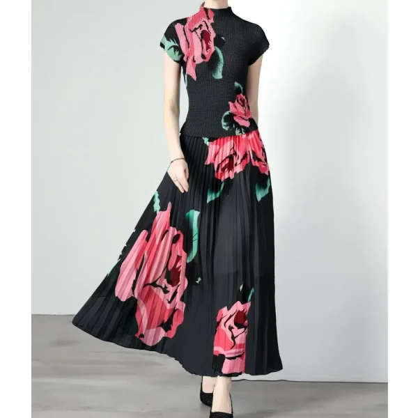 LE1277 in Stock High-Quality Floral Print Pleated Skirt Short Sleeve Shirt Printed Pleated Skirt Boutique Women'S 2-Piece Set