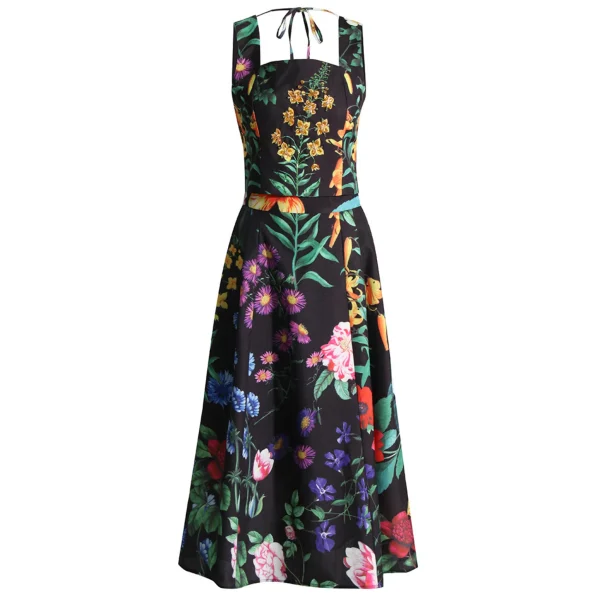 Hit Color Two Piece Sets Colorful Flower Print Beading Crystal Black Square Collar Sleeveless Tops High Waist a Line Skirt Suit