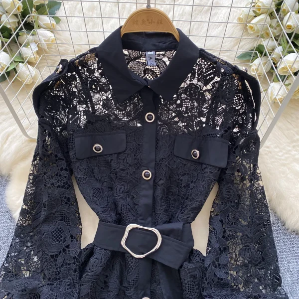 LE4765 High-End Sense Floral Dress Niche Elegant Short Dress Female Lace-Up Waist Lapel Single Breasted Lace Dress - Image 4