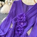 LE4782 Elegant Dress Dress for Ladies Dress Fall Niche Advanced Sense Three-Dimensional Flower V-Neck Waist Show Slim Skirt