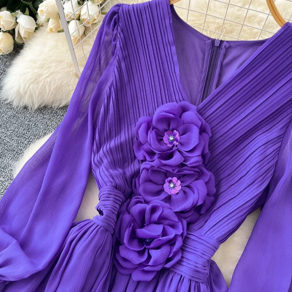 LE4782 Elegant Dress Dress for Ladies Dress Fall Niche Advanced Sense Three-Dimensional Flower V-Neck Waist Show Slim Skirt - Image 4