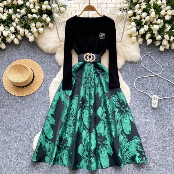 LE2647 Ladies Boutique Midi Dresseses Women Direct Dress Female Autumn Velvet Splicing Jacquard Long Dresses - Image 2