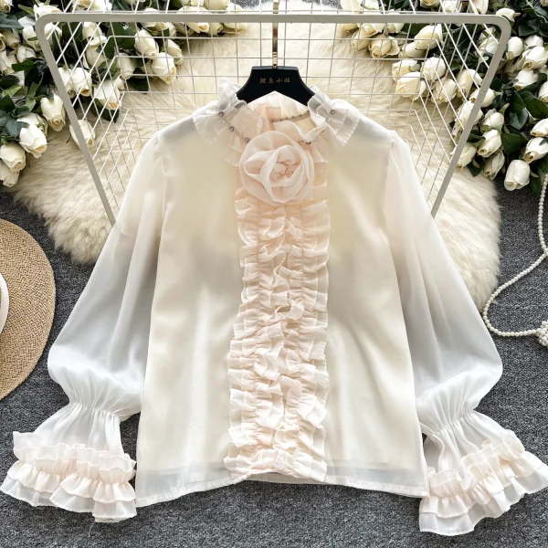 LW0829 Light Luxury Senior Sense Trumpet Sleeve Shirt Women'S Wooden Ear Edge Gauze Diamond Design Blouses 2025