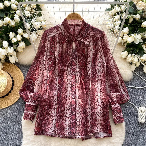 LW0752 Blouses Elegant Women Ladies Spring Day Shirt 2025 New Bow Tie With Lantern Sleeve Printed Shirt - Image 3