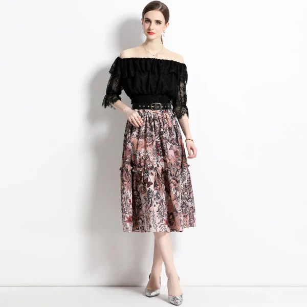 LE1776 2025 Summer Dress Ladies Sexy Two Piece Set Square Collar Lace Top Printed Pleated Skirt Celebrity Dating Slimming Set - Image 3