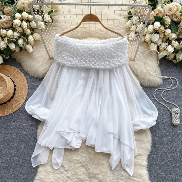 LW0754 Top Sweet Pleated Line Neck Off-The-Shoulder Pure Bubble Sleeve Irregular Shirt Blouses Elegant Women Ladies - Image 4