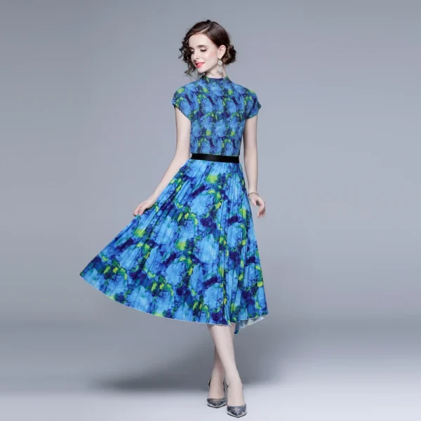 LE1242 in Stock High Quality Fabric Women'S Sets Printed Short Sleeve Pleated Shirt Printed Long Pleated Skirt 2 Piece Set - Image 3
