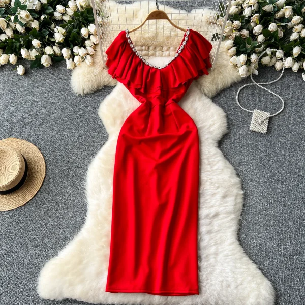 LE2622 Elegant Industry Diamond Fold V-Neck Party Dresses Flying Sleeve Package Hip Midi Dress Boutique Socialite Evening Dress