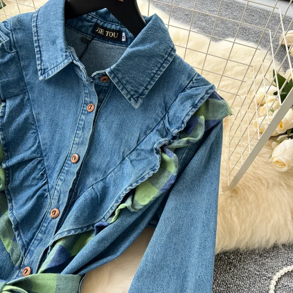 LE2645 Ladies Boutique Dresses Women Splicing Plaid Clash of Colours Straps Waisted Single-Breasted Denim Midi Dress Lady - Image 3