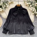 LW0825 Fine Beaded Bow Neckline Long Sleeve Blouse Lady Satin Top Lady Blouses Elegant Women Ladies