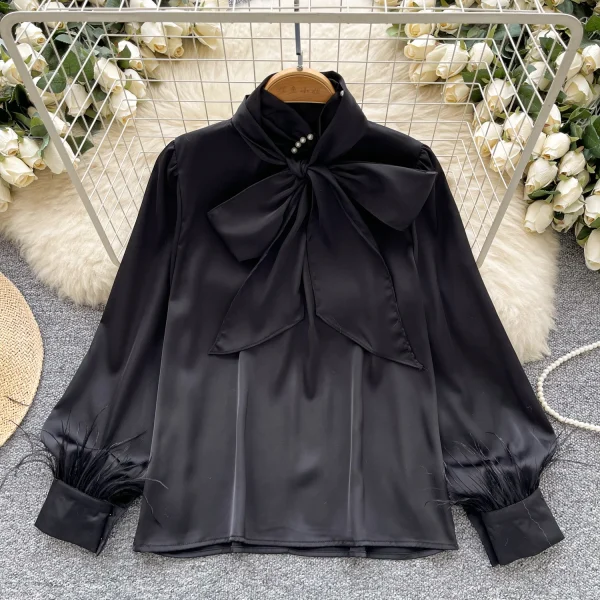 LW0825 Fine Beaded Bow Neckline Long Sleeve Blouse Lady Satin Top Lady Blouses Elegant Women Ladies - Image 4