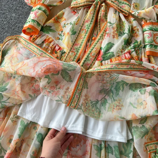 LE2635 Ethnic Chiffon Maxi Printed Dress Ladies Court Style Stand Collar Long Sleeve Long Gown Boutique Holiday Dress for Women - Image 5