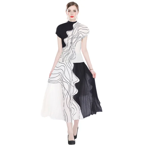 LE1249 in Stock Print Pleated Short-Sleeved T-Shirt Women Two Pieces Set Miyake Pleated Skirt Set 2025 High Quality 2 Piece Sets - Image 3