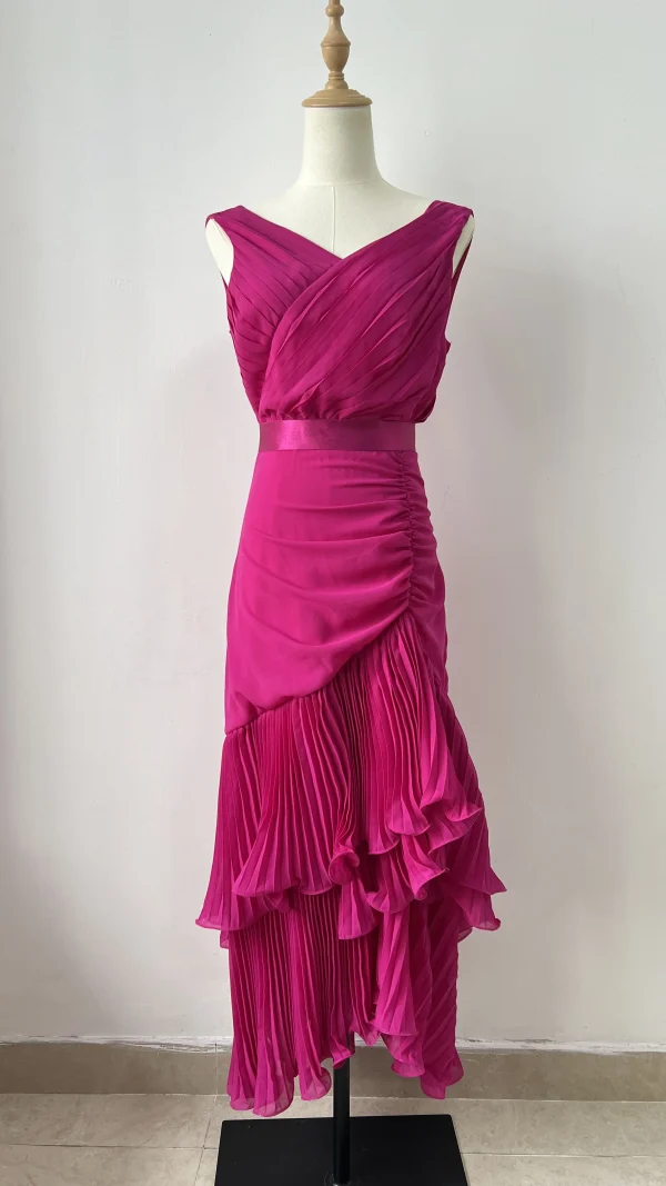 LE2642 Sexy V-Neck Autumn Chiffon Pleated Dress Woman Lotus Leaf Lace Splicing High Waist Fairy Skirt Elegant Evening Dresses - Image 6