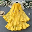 LE2638 Cape-Style Women'S Gown Luxury Retro High Fashion V-Neck Lace-Up Trumpet Sleeves Peplum Temperament Long Casual Dresses