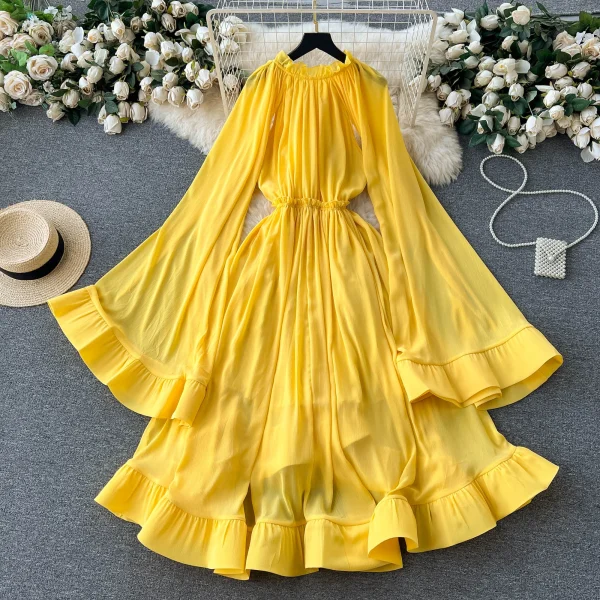 LE2638 Cape-Style Women'S Gown Luxury Retro High Fashion V-Neck Lace-Up Trumpet Sleeves Peplum Temperament Long Casual Dresses - Image 6
