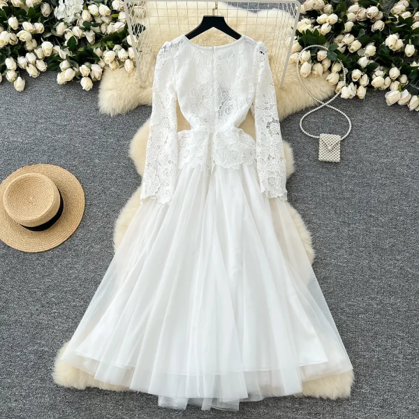 LE4774 White Dinner Party Dress for Women Heavy Industry Cutout Hook Lace Patchwork Receiving Waist Mesh Dress for Women - Image 3