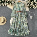 LE2582 2025 Pastoral Style Elasticity Stand Collar Floral Dress Long Sleeve Ruffled Print Cake Dress Women Boutique Midi Dresses