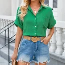 2025 Summer New Shirt Women's Casual Solid Color Wrinkled Fabric Bat Sleeve Button Batwing Sleeve Shirt