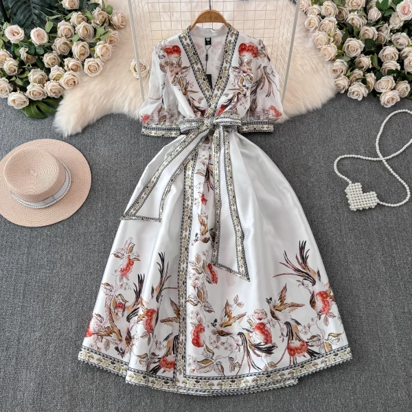 LE2607 2025 Vintage Maxi Printed Dress Ethnic Deep V-Neck Flowers Dresses Woman Socialite Holiday Party Evening Dress Lady - Image 3