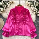 LW0651 2025 Spring New Advanced Sense Three-Dimensional Flower Lace-Up Long Sleeve Satin Blouse Shirts for Women