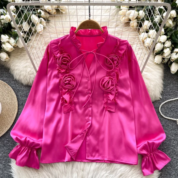 LW0651 2025 Spring New Advanced Sense Three-Dimensional Flower Lace-Up Long Sleeve Satin Blouse Shirts for Women