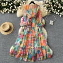 LE2633 Style Chiffon Printed Dresses Ethnic V-Neck Long Sleeve Belted Evening Dresses Maxi Party Robe 2025